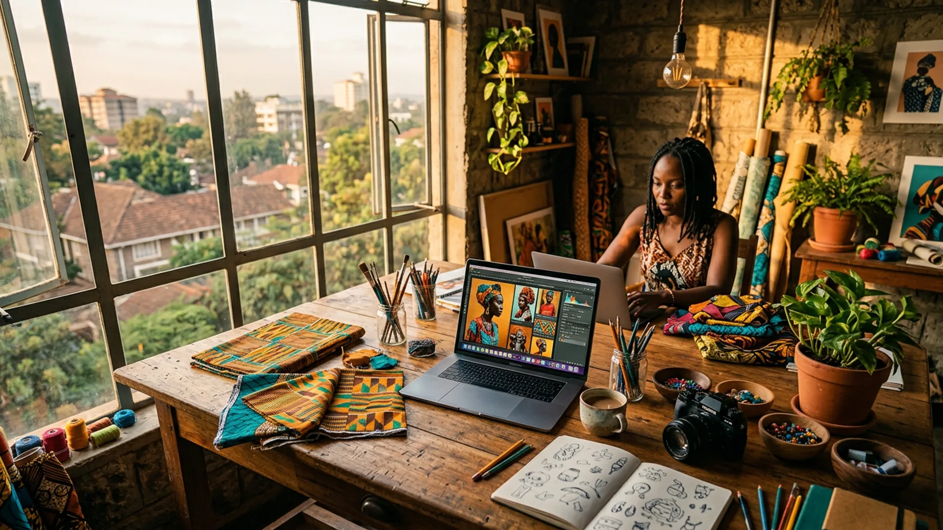 Still Moving studio workspace — warm amber light over a creative setup