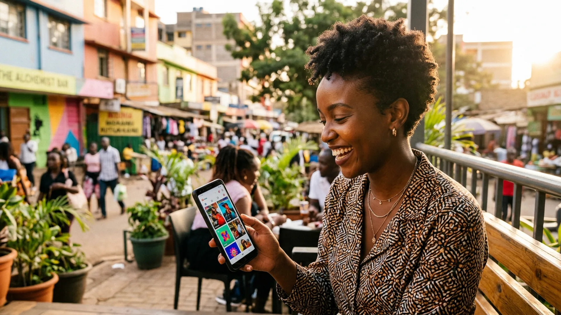 African woman creator reviewing vibrant social content on her phone